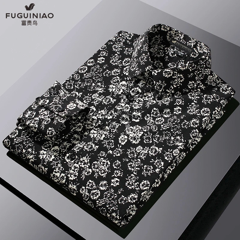 FUGUINIAO/富贵鸟男士长袖衬衫高档中国风轻奢花型时尚春秋季衬衣