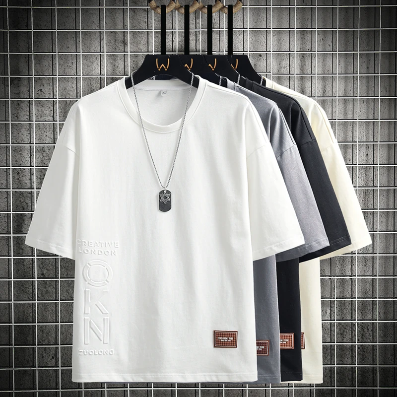 新款夏季男潮流宽松服潮牌学生短袖钢印T恤上衣圆领五分袖半袖T恤
