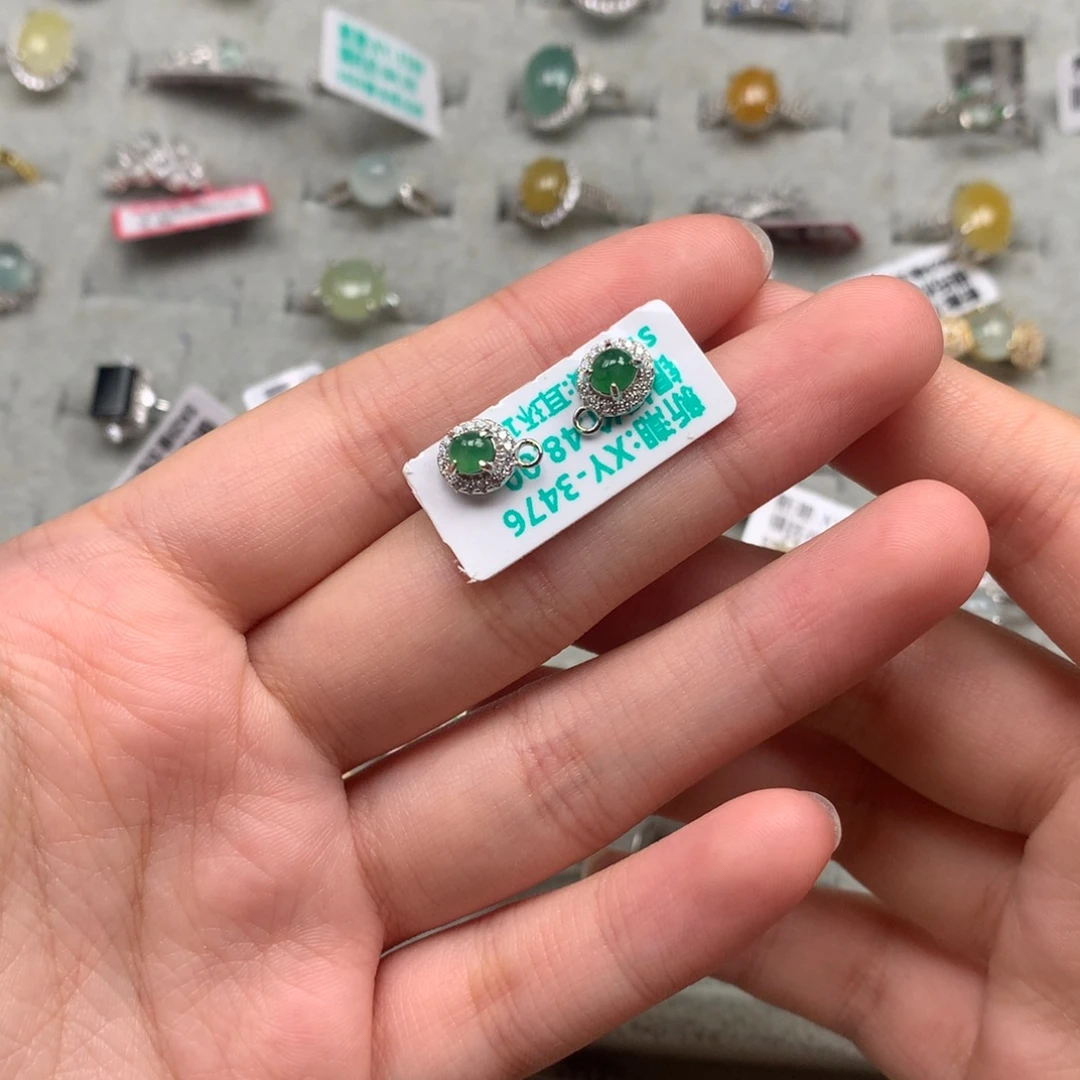 翡翠银S925镶嵌戒指耳钉