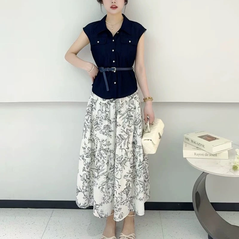 夏季时尚摆裙印花中腰花色透气半身裙收腰飞飞袖上衣气质显瘦套装