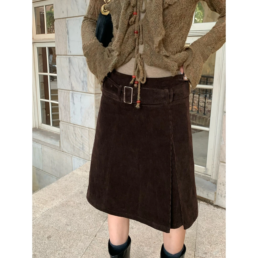 MAR 秋冬新款复古美拉德侧压褶A字中腰半身裙女625328