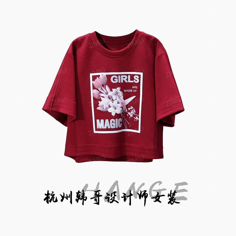 【韩哥女装】2025秀场同款系列安可拉红印花休闲时尚高克重短袖8577