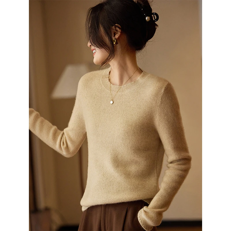 精致女人味镂空宽松羊毛衫女秋冬圆领显瘦减龄气质100纯羊毛毛衣