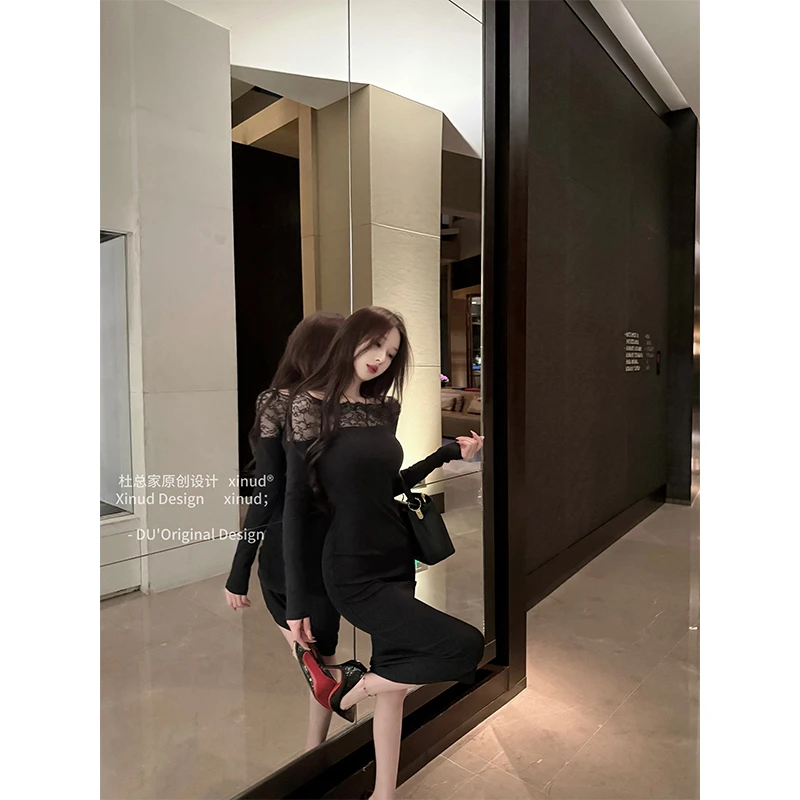 杜总家 夜幕玫瑰*原创御姐性感蕾丝包臀显身材针织长款连衣裙女冬