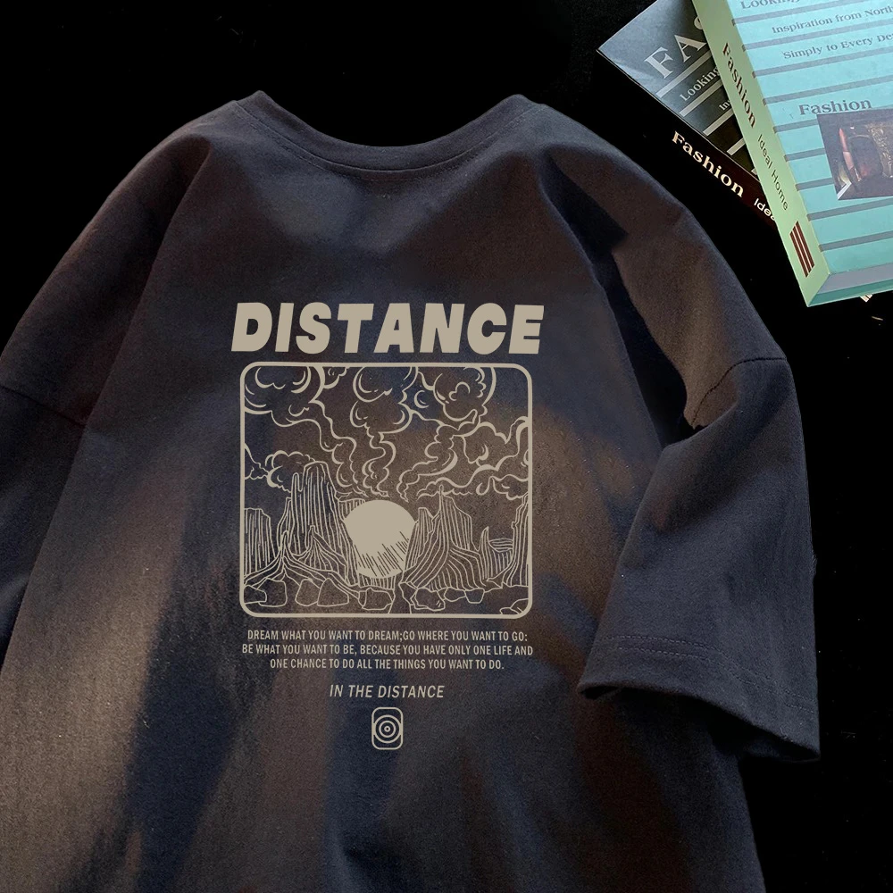 重磅纯棉短袖-DISTANCE太阳山 男女潮牌宽松百搭圆领上衣潮流T恤