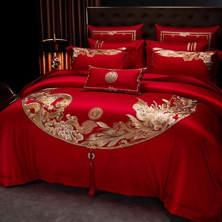 陪嫁红色婚庆长绒棉全棉四件套龙凤刺绣纯棉被套床单新婚床上用品