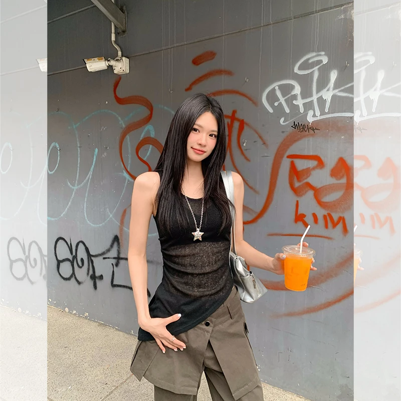 黑色背心女新款辣妹微透薄款外搭上衣D5T1760