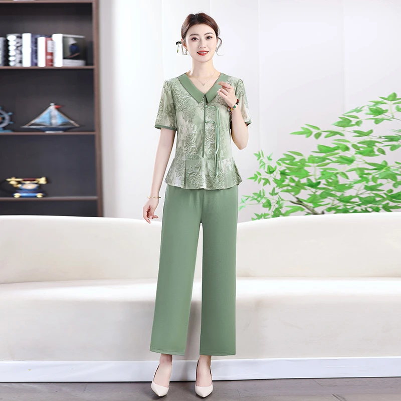 妈妈夏装国风两件套圆领短袖t恤女夏季2024新款新中式中老年套装
