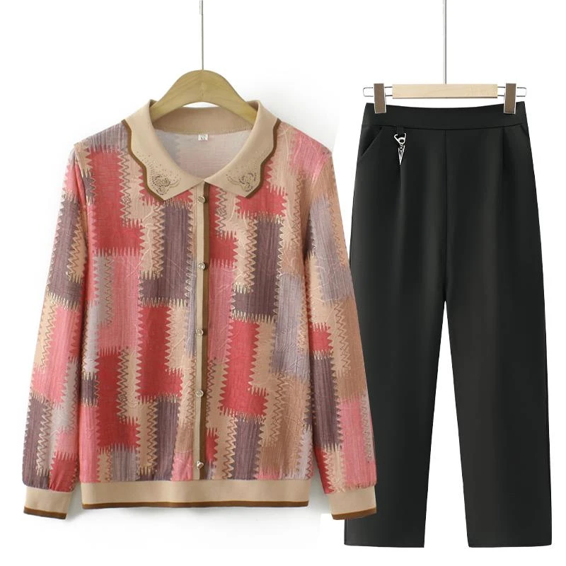 中老年女装春秋长袖恤女妈妈装套装宽松时尚薄款洋派上衣两件套