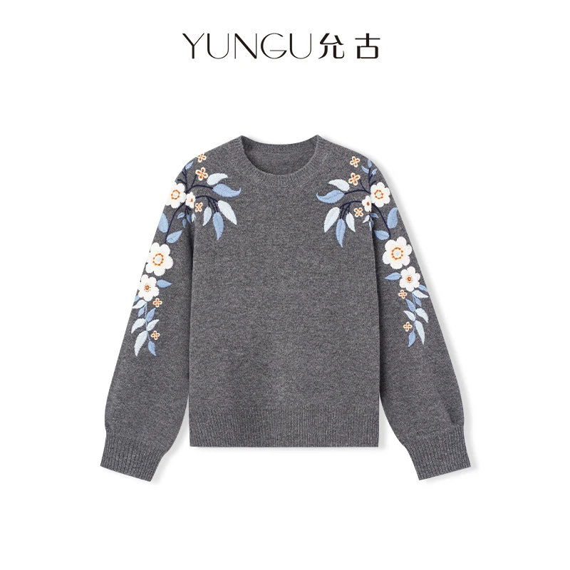 YUNGU允古 2025冬季新款重工花卉刺绣毛衣绵羊毛宽松休闲毛针织衫