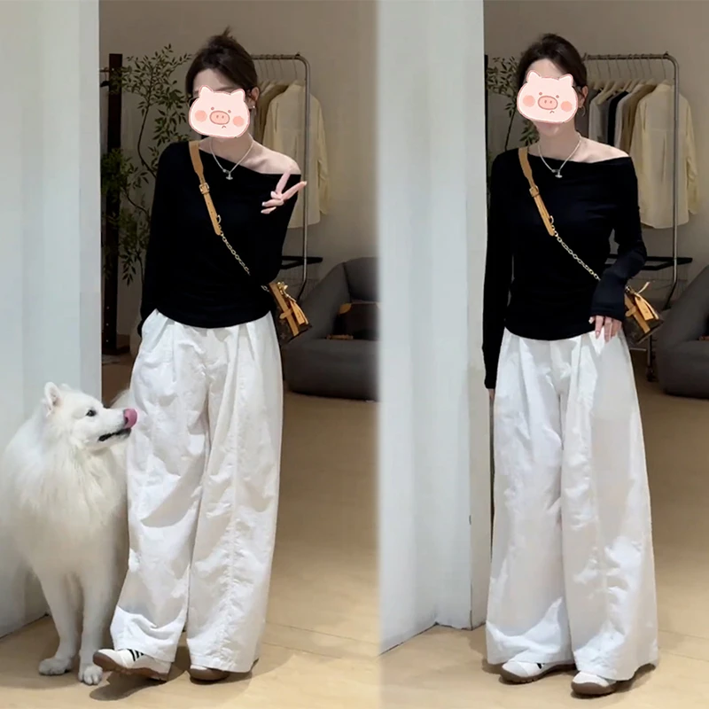 2025年秋季新款套装穿搭斜肩长袖上衣+高腰显瘦直筒裤套装女潮