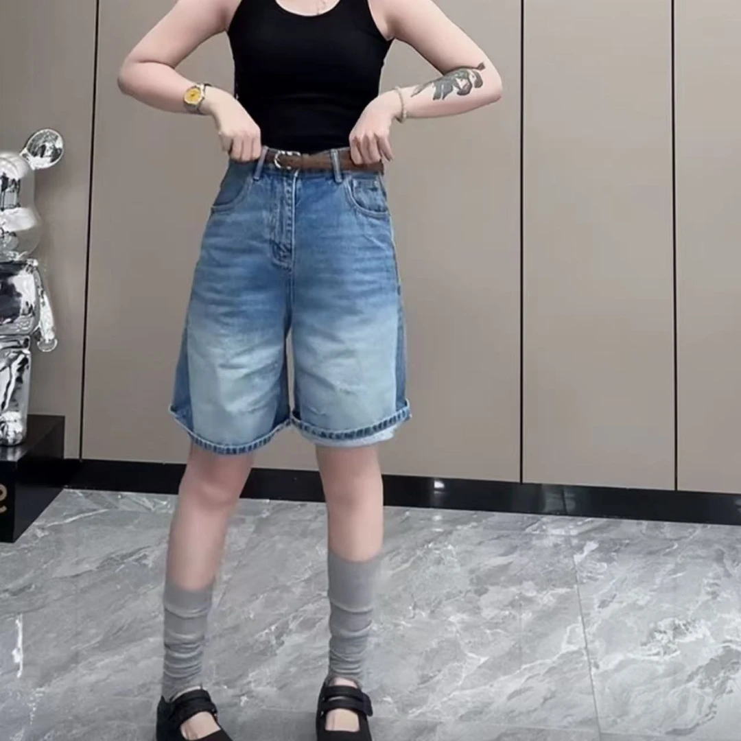 飞芊娅2025新款破洞百搭牛仔短裤高腰显瘦夏季薄款直筒五分牛仔裤