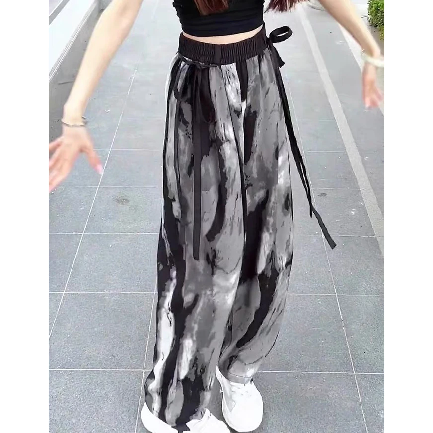 水墨画国风薄款冰丝阔腿裤扎染高腰垂感休闲裤宽松新中式女装夏季