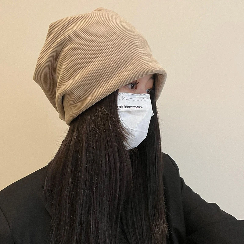 大头围宽松帽子女秋冬灯芯绒堆堆帽纯色复古百搭冷帽套头帽成人