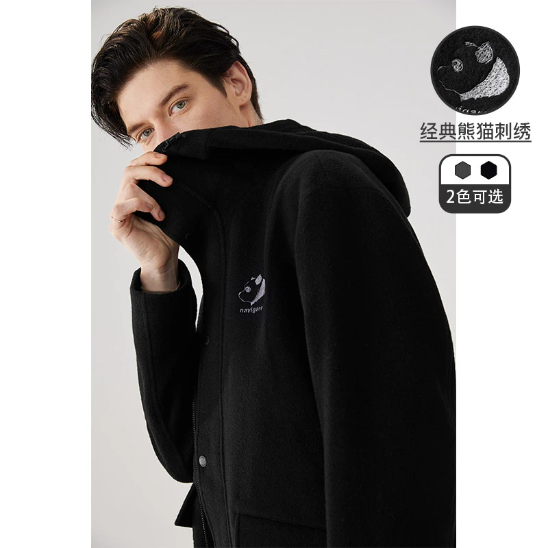 Navigare意大利小帆船羊毛双面呢大衣男2023新款中长款连帽外套