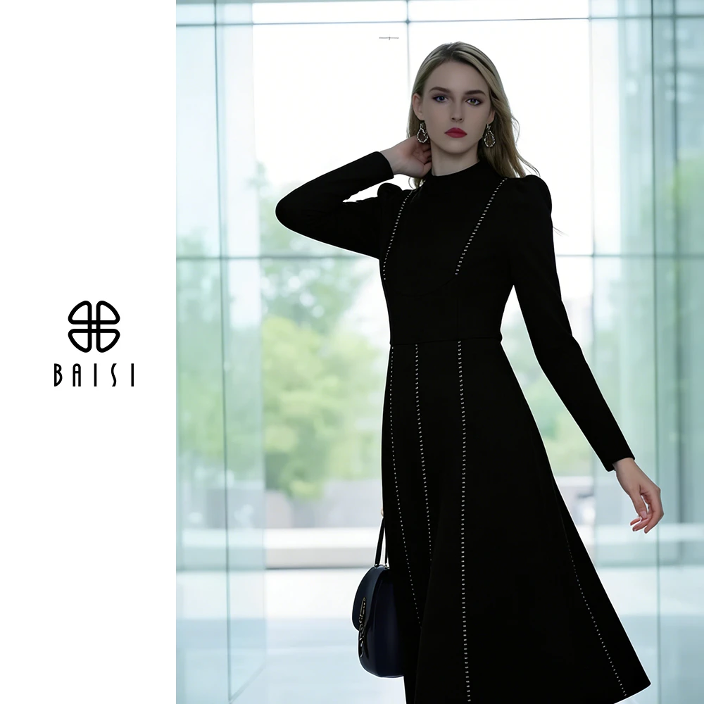 BAISI/百丝重工钉珠长袖休闲黑色法式连衣裙名媛修身收腰秋季冬季