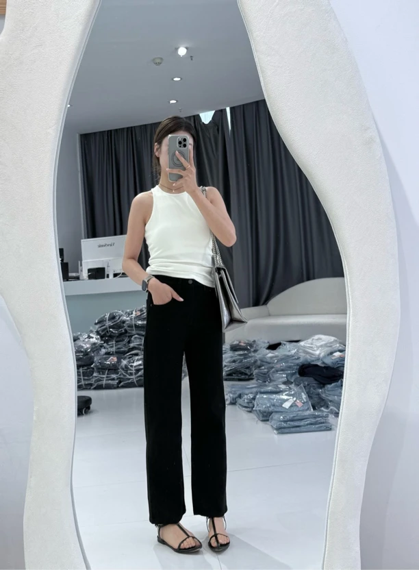 YANBAO 『季末新款回馈』夏季纯黑色硬挺显瘦百搭牛仔九分直筒裤