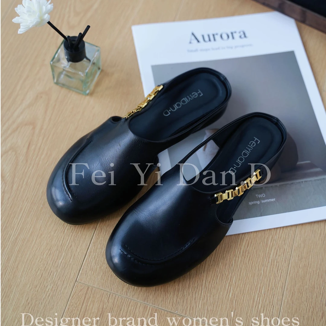 FEIYIDAN•D/菲逸丹•蒂2025年春夏新款复古链条包头拖鞋一脚蹬凉拖