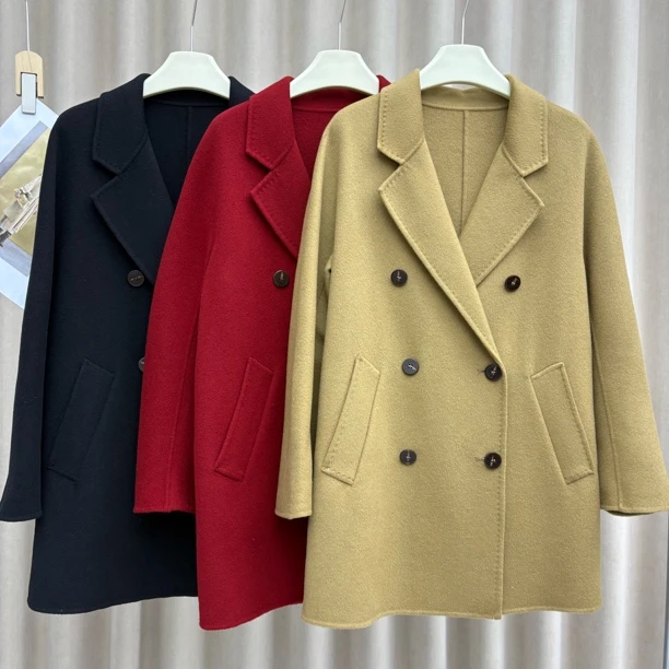 静静推荐 新款气质双排扣中长款设计双面大衣22c8201