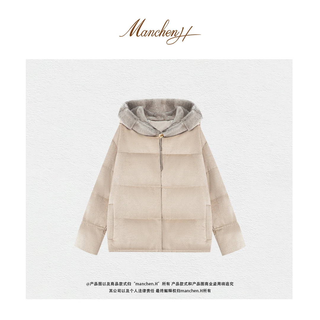 曼辰manchenh"冬季精灵"顶奢驼绒毛横排纹保暖鹅绒外套