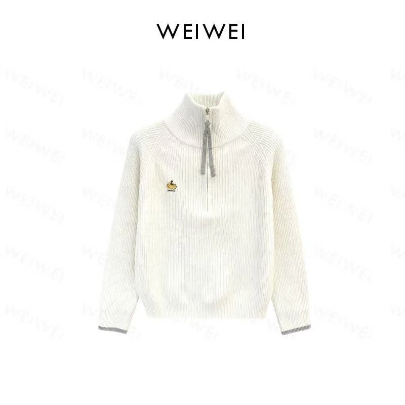 高领南瓜刺绣半拉链套头针织衫2805