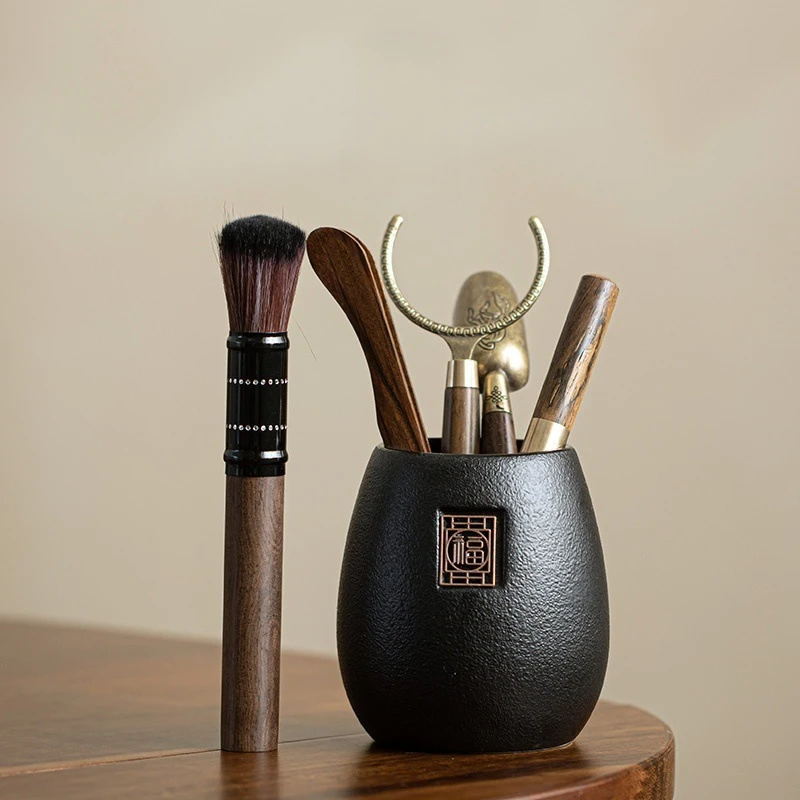 A76黑陶茶道六君子茶道配件粗陶泡茶收纳罐茶勺茶夹养壶笔茶则