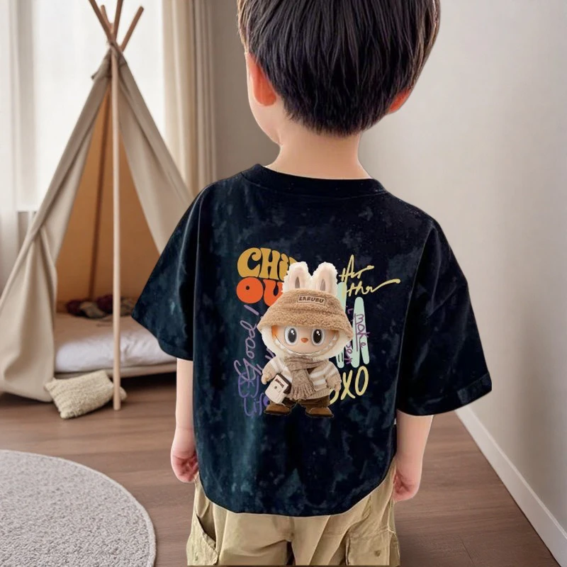 夏季新品纯棉短袖T恤男童女童扎染上衣中大童爆款拉布布卡通夏装