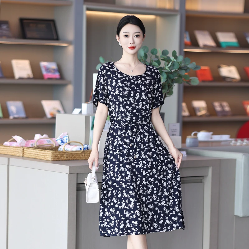 中老年妈妈装棉绸短袖连衣裙女夏季宽松大码碎花中长款裙子薄款