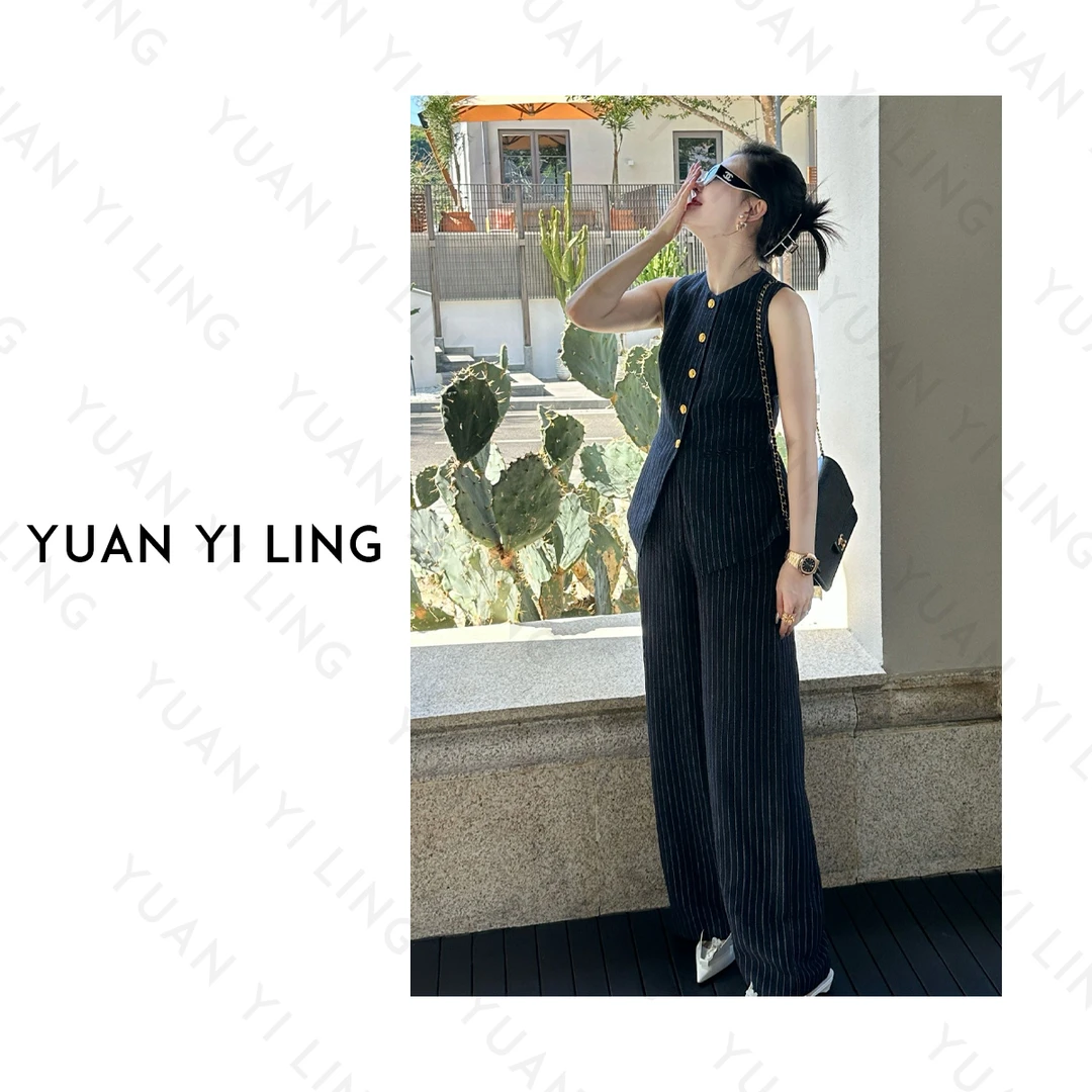 袁艺灵【海德公园】25春季上新亚麻限量蓝染条纹女装西服套装