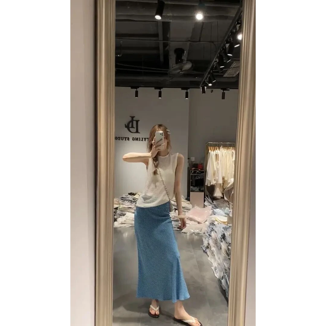 韩系夏天衣服宽松无袖背心上衣海边度假风蓝色波点半身裙鱼尾裙女