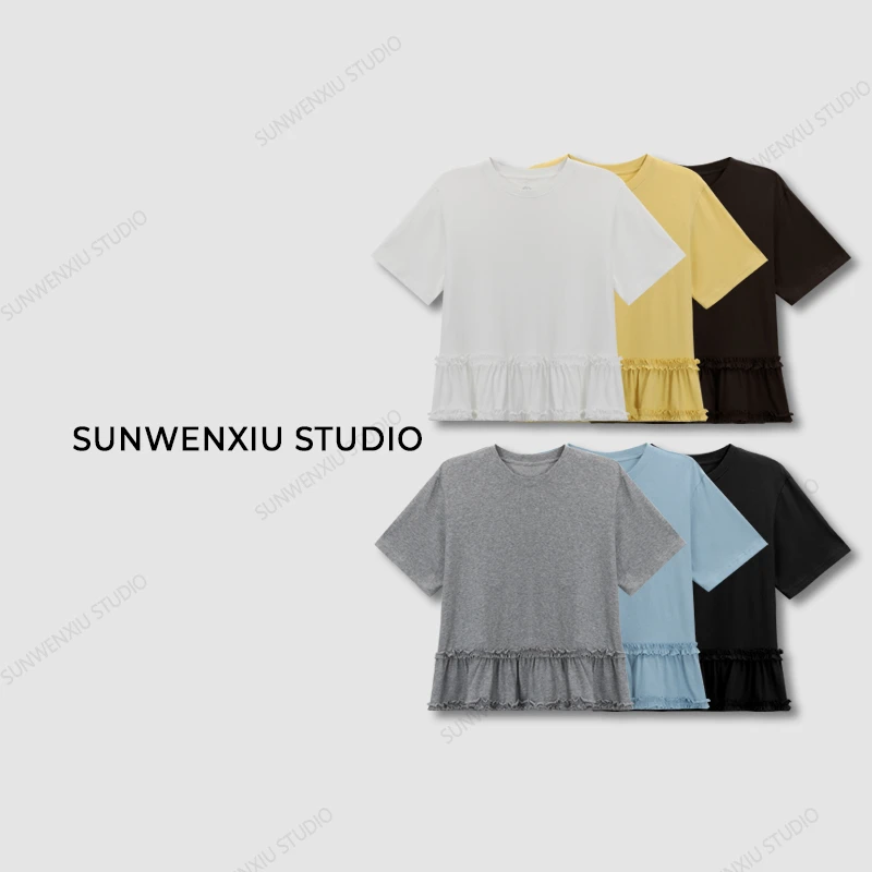 swx studio5店 “蛋糕T"双层木耳边下摆多色设计感圆领短袖T恤
