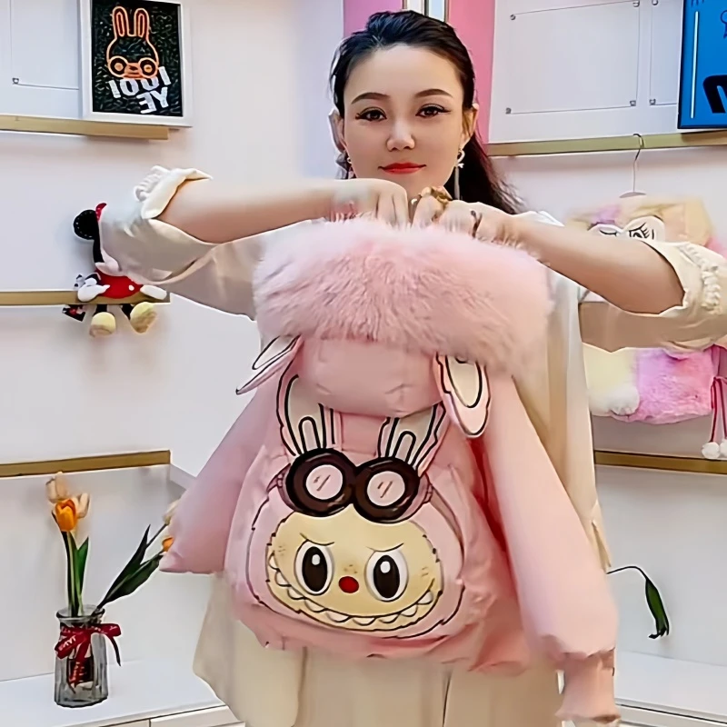 儿童秋冬季加厚棉袄休闲风时尚童装卡通款连帽大毛领拉布布棉外套