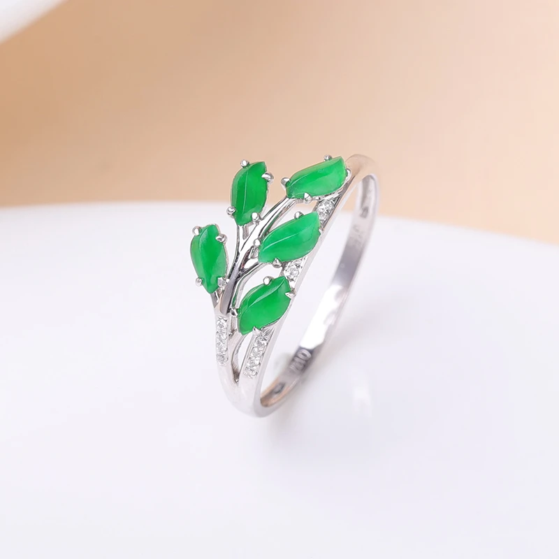 蛇年爆款-千然18K金镶嵌天然缅料翡翠随形树叶戒指多样性发其一