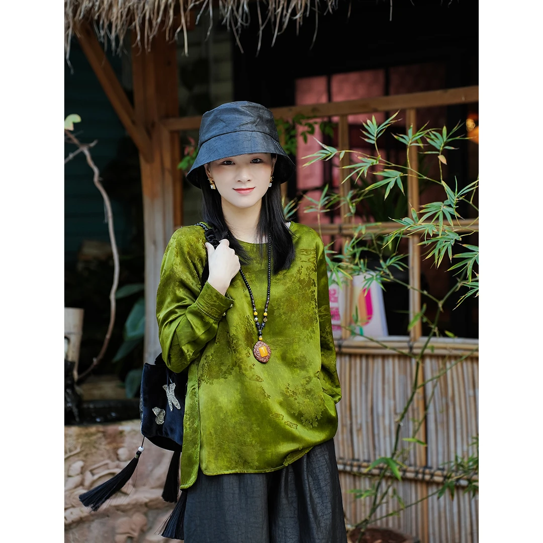 【圆圆高定】圆领新中式长袖衬衫宽松重磅外套上衣复古金丝时尚提花