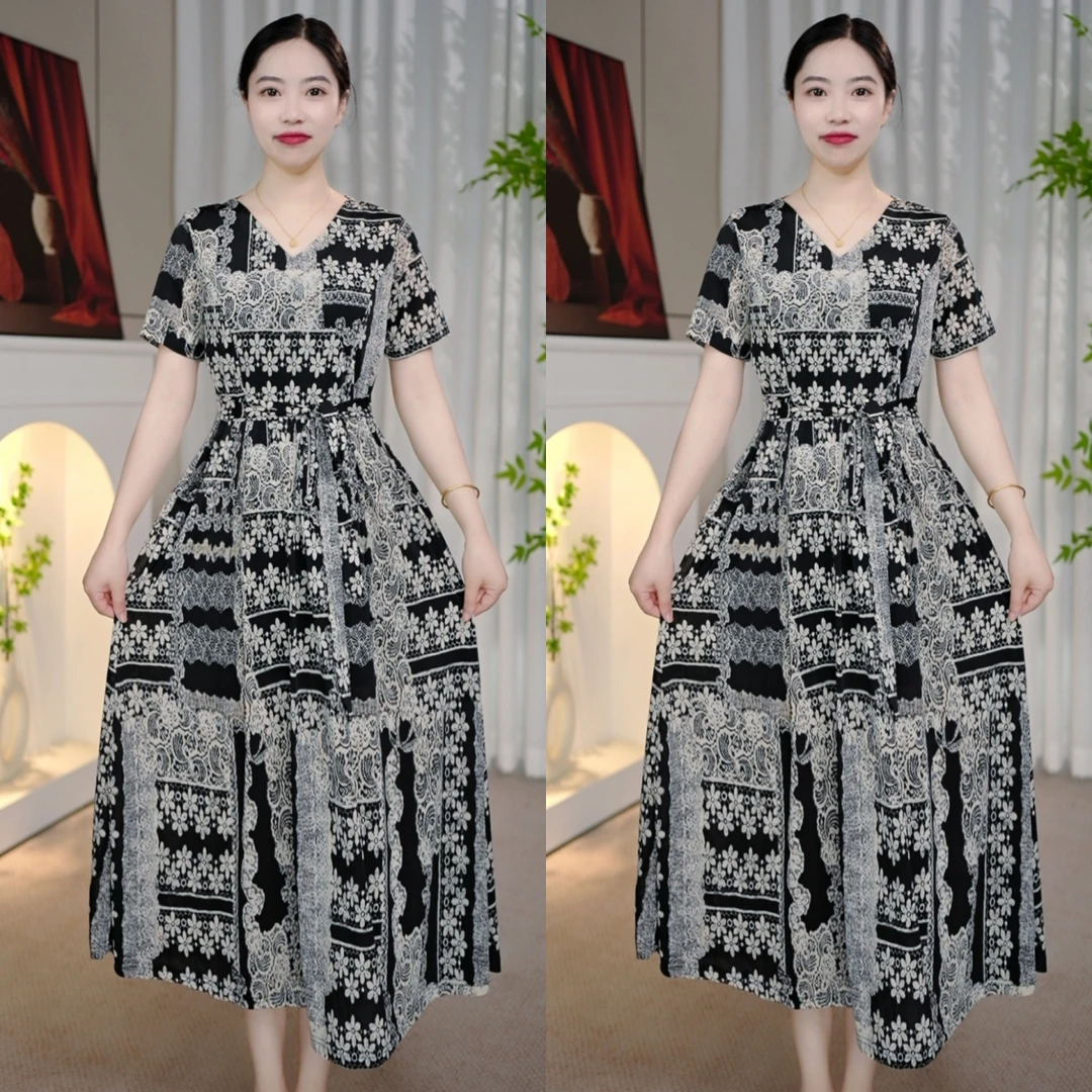 新款有腰带夏季冰雪丝弹力缎气质优雅大摆连衣裙过膝长裙1628