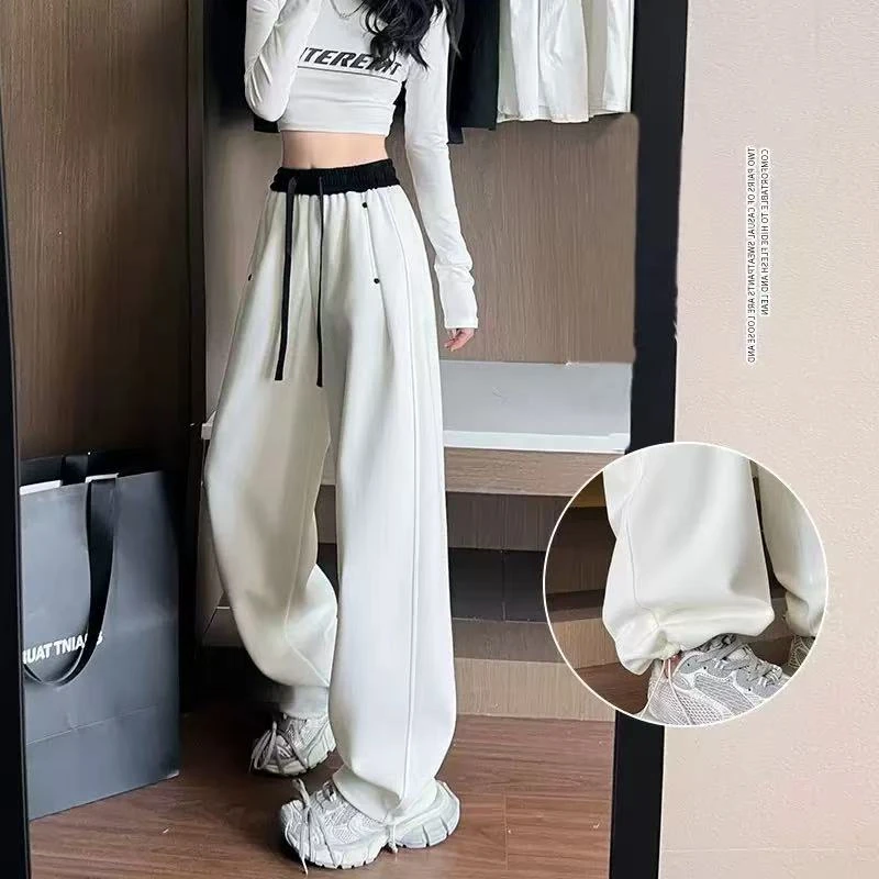 2025年流行裤子春季新款拼色卫裤女裤宽松显瘦休闲弯刀裤灰色长裤