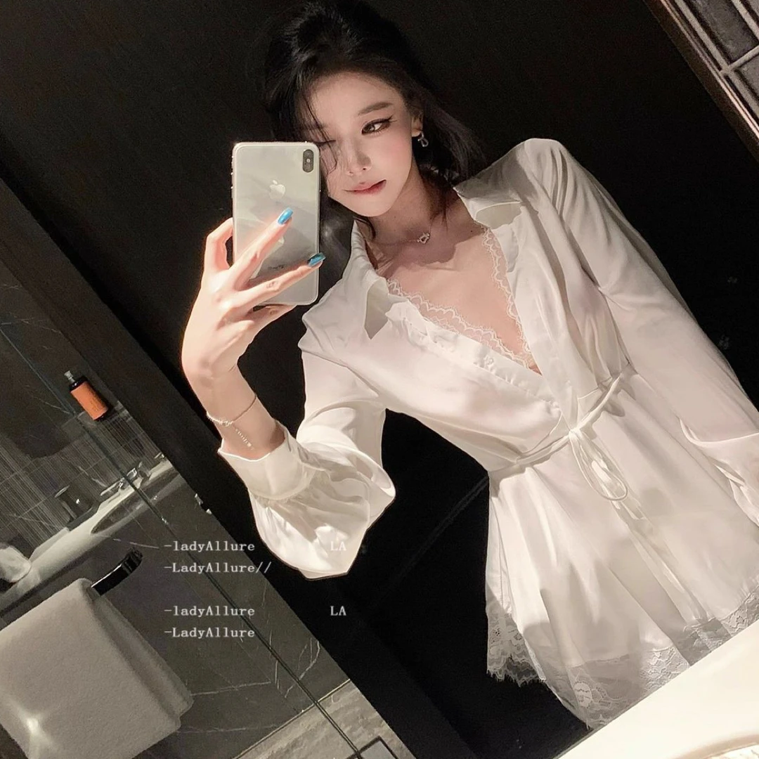 冰雪丝缎面睡衣女春秋露背蕾丝白色纯欲风性感秋季两件套装家居服