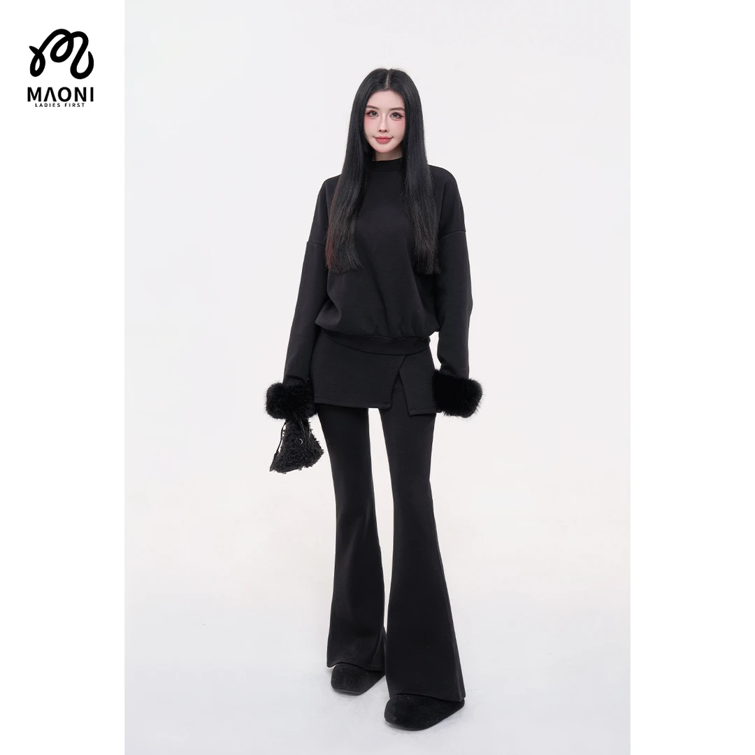 毛妮LADIESFIRST时尚大气加绒卫衣+休闲裤套装配可拆卸毛袖L2521