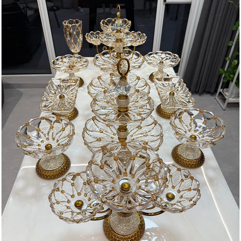 ZG/中歌【新疆顺丰包邮】18头描金钻石珍珠网纹玻璃果盘新疆轻奢