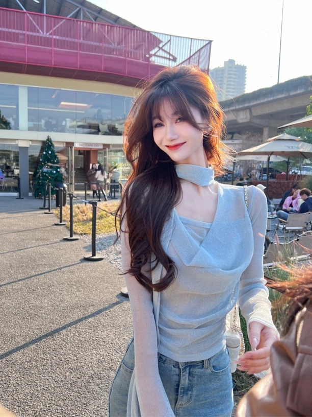 《满目星河》亮片飘带多穿长袖t恤女高级感气质上衣#8530小众设计感