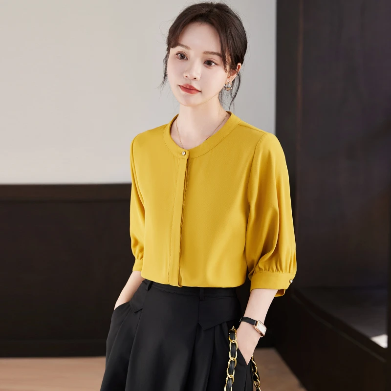 白色圆领中袖衬衫女职业百搭防晒夏季七分袖垂感轻熟气质雪纺衬衣