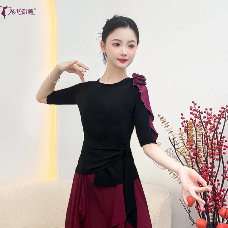 苇苇老师现代舞立体玫瑰花修身绑带上衣成人中国古典舞民族舞服装