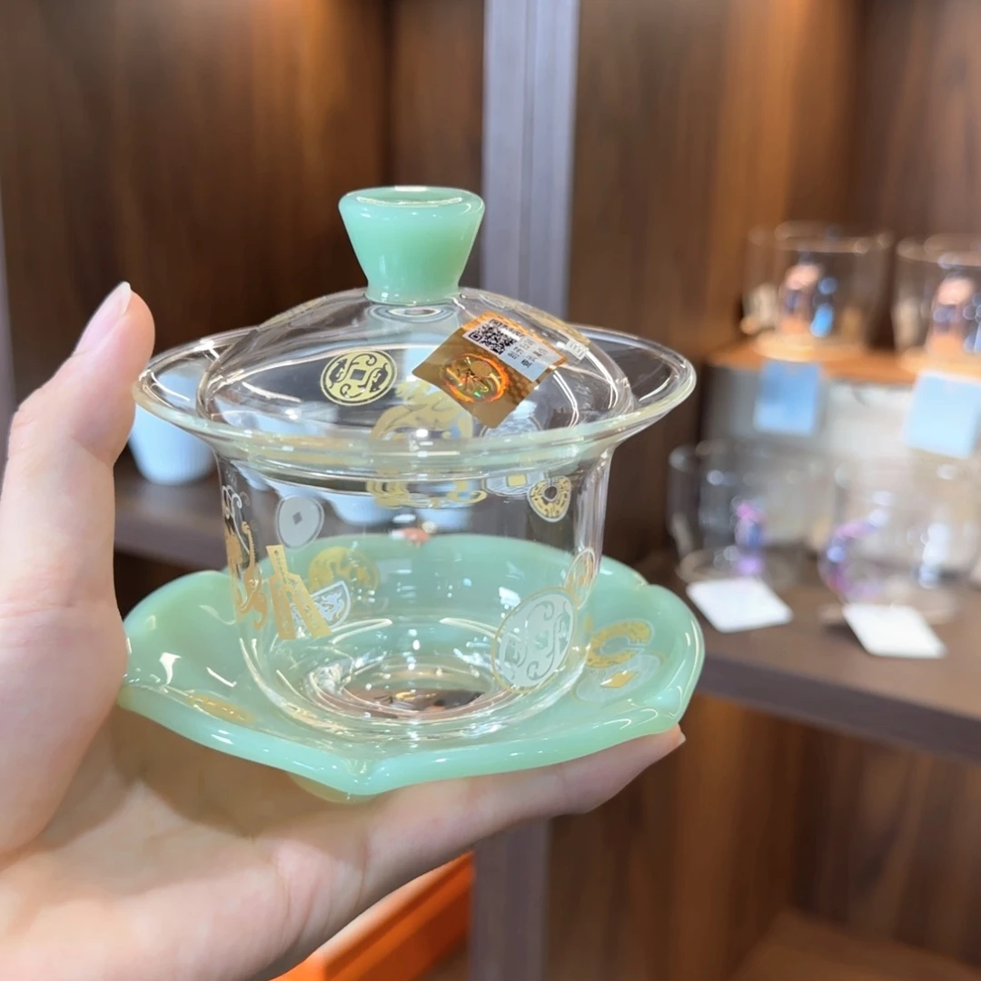 禾器瑞币纹禾荷盖碗浅玉色
