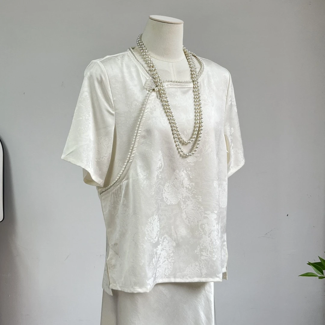 夏季新款提花中式衬衫圆领短袖复古国风斜襟上衣时尚女性国风T恤