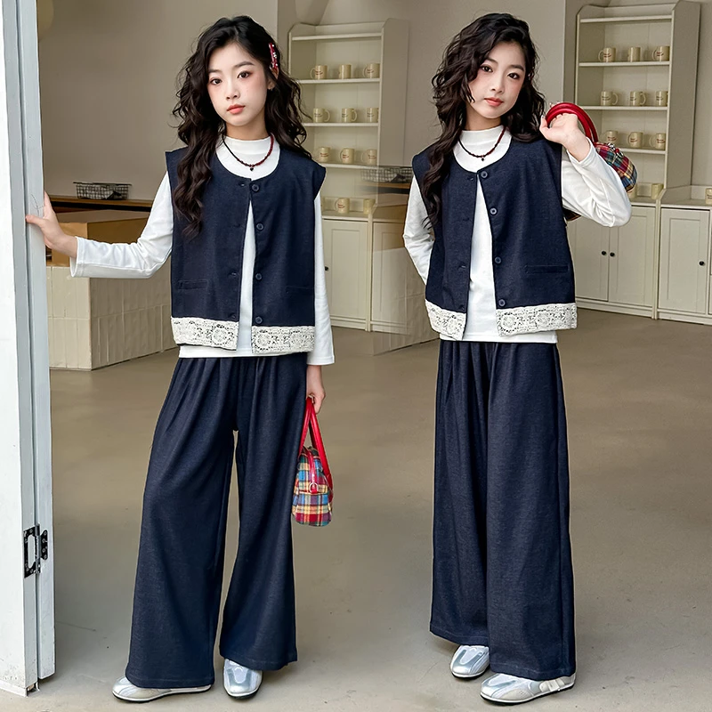 女童时髦休闲风套装春秋新品女孩大童洋气马甲打底衫长裤三件套