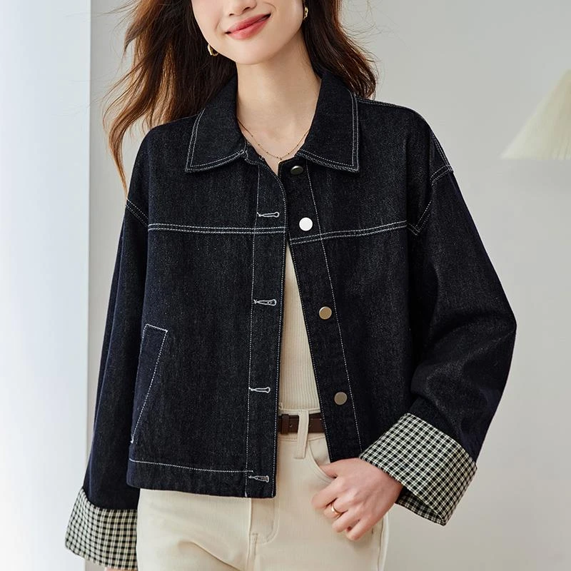 杜拉妮设计感格子翻袖牛仔衬衫外套女2025秋装上衣小个子复古衬衣