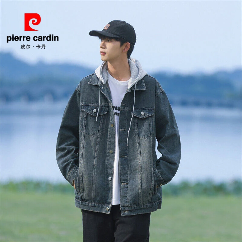 皮尔卡丹复古水洗连帽牛仔外套男休闲新款潮牌痞帅工装夹克上衣