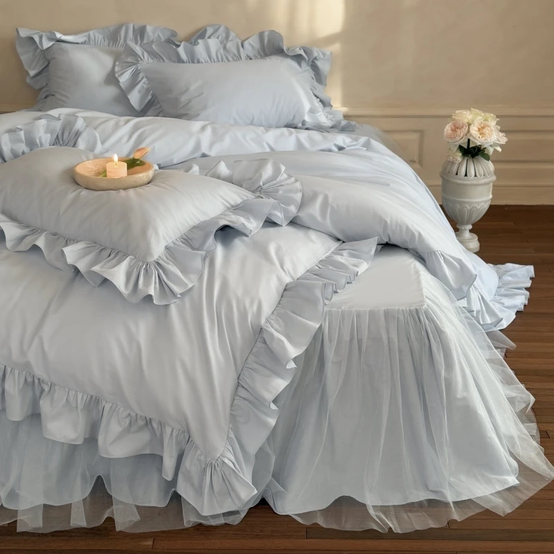 慕逸【云与海】床裙款四件套全棉精梳棉四季法式公主风纯棉床上用品