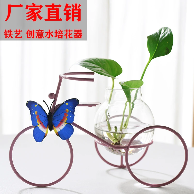 创意绿萝水培植物玻璃透明花瓶插花水养花盆铁艺器皿桌面客厅摆件