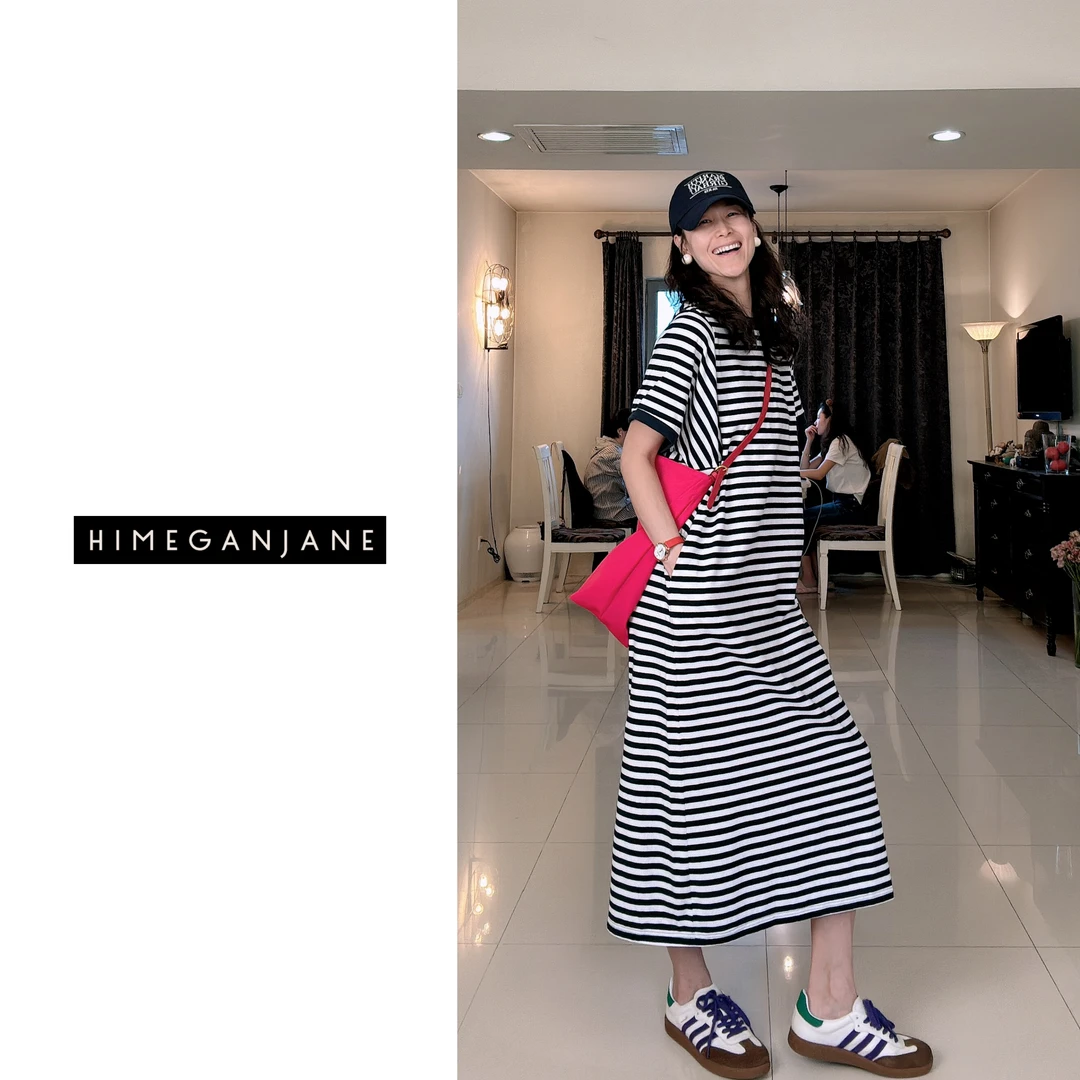 HIMEGANJANE“条纹长T裙”夏季宽松半袖韩版圆领百搭遮肉长裙62378